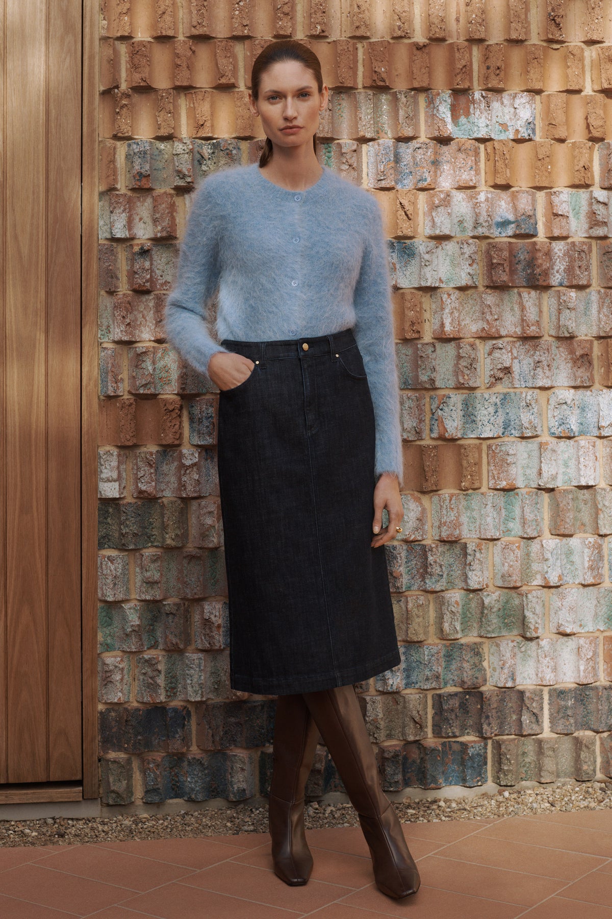 Cotton Blend Longline Denim Skirt