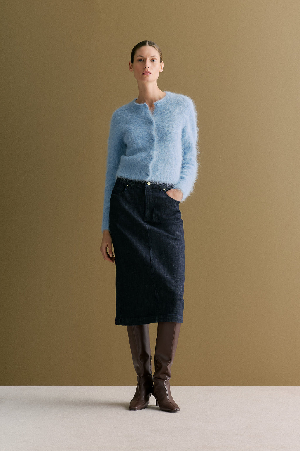 Cotton Blend Longline Denim Skirt