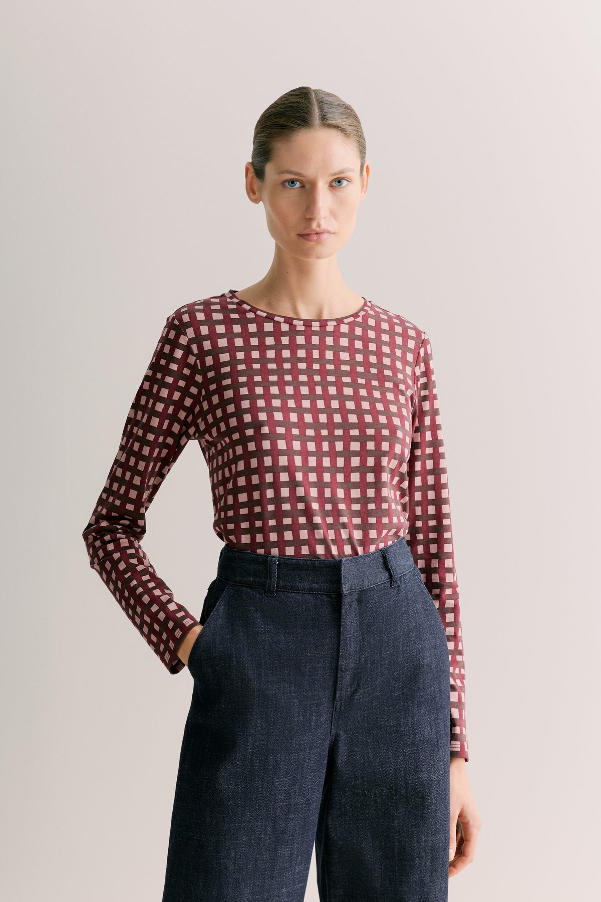 Cotton Painted Gingham Long Sleeve T-Shirt