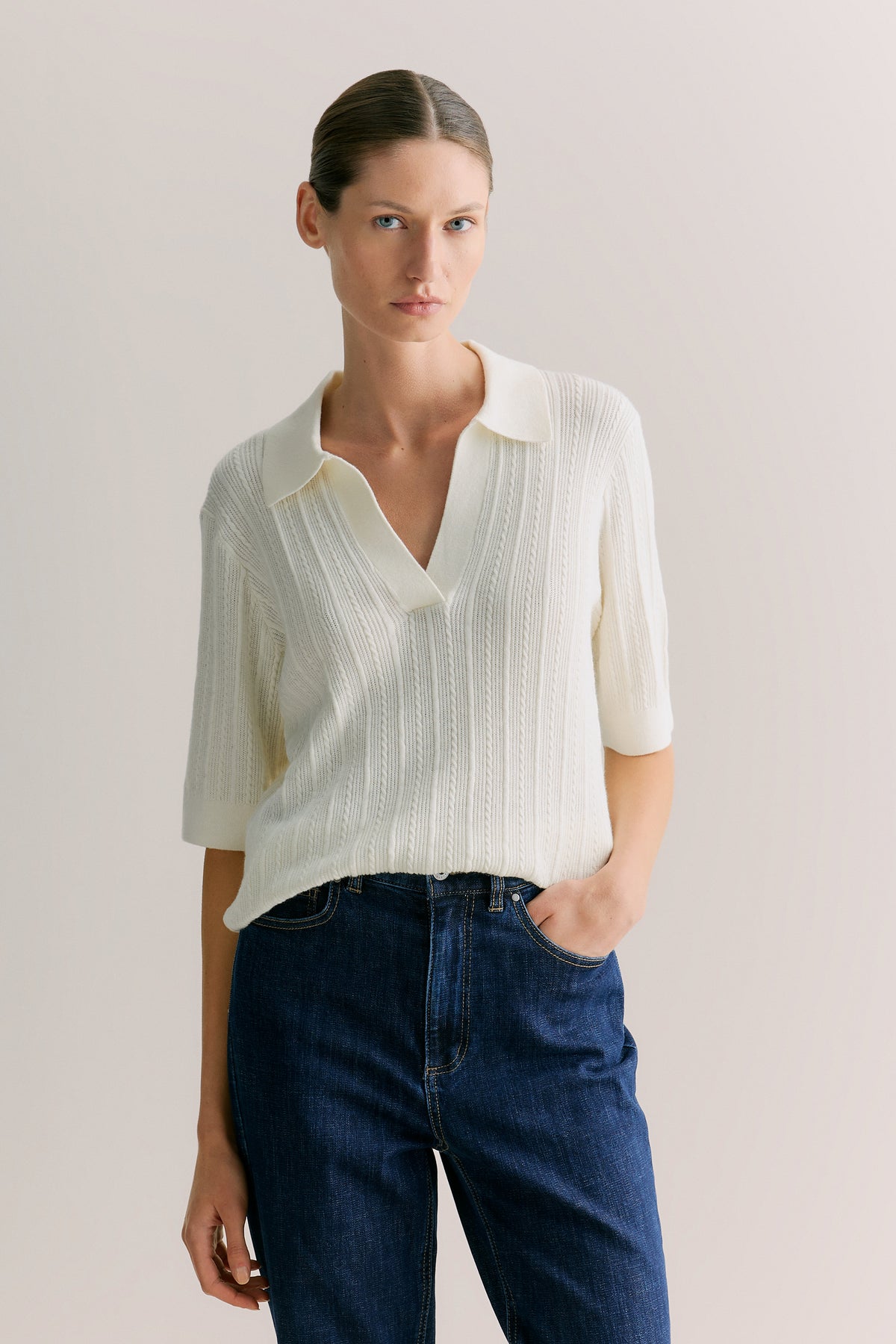 Cotton Cashmere Cable Short Sleeve Polo