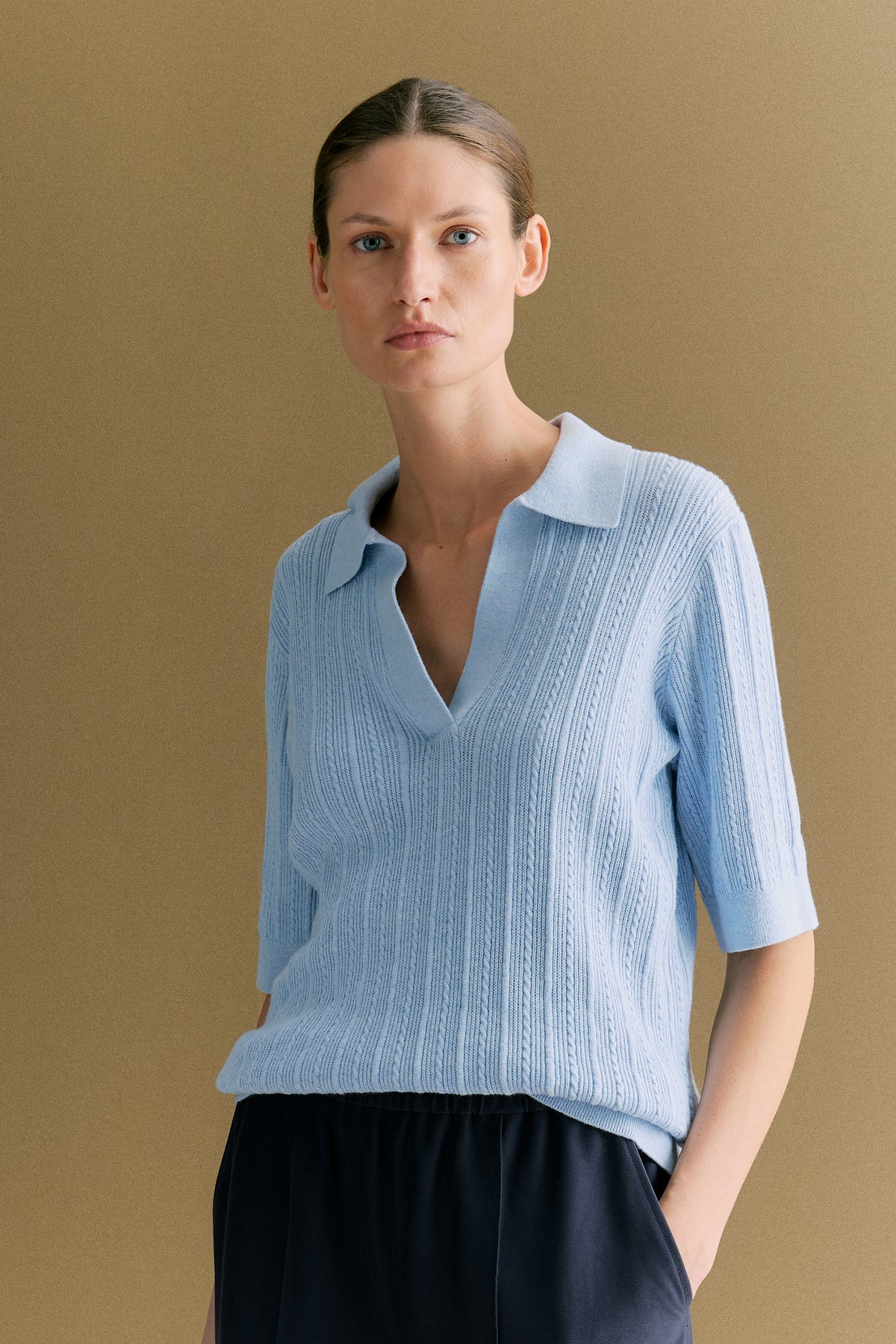 Cotton Cashmere Cable Short Sleeve Polo