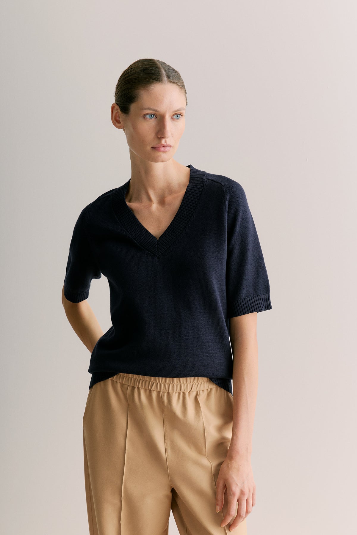 Cotton Cashmere V Neck Knit Top