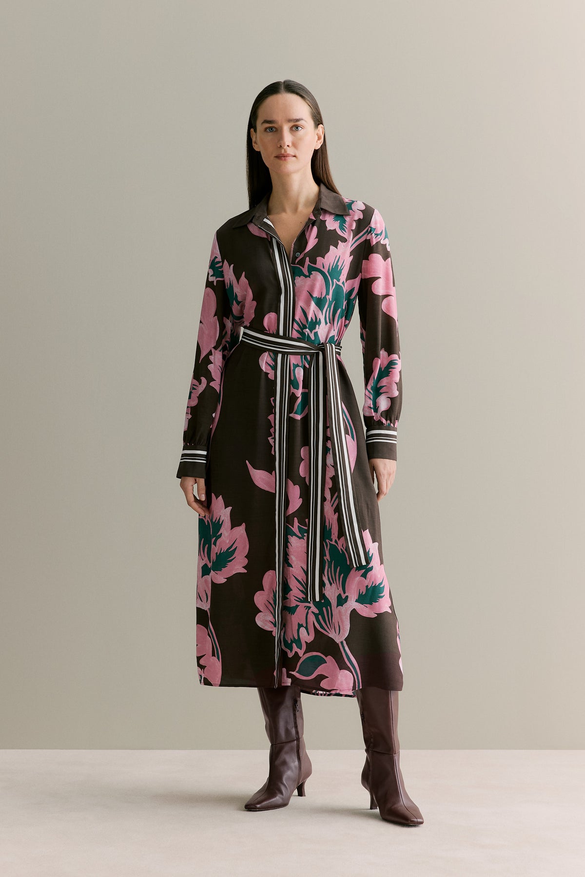 Floral Border Stripe Shirt Dress