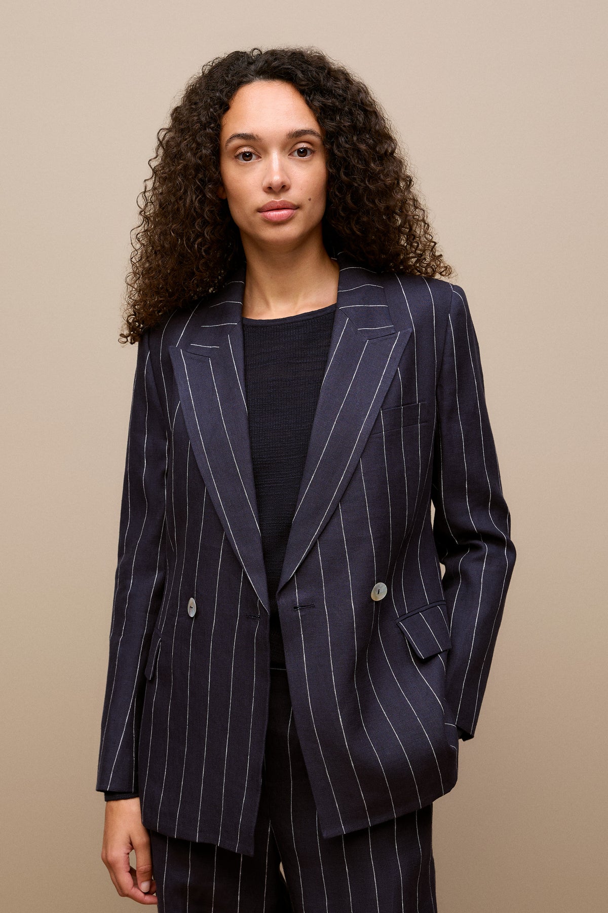 Linen Pinstripe Double Breasted Blazer