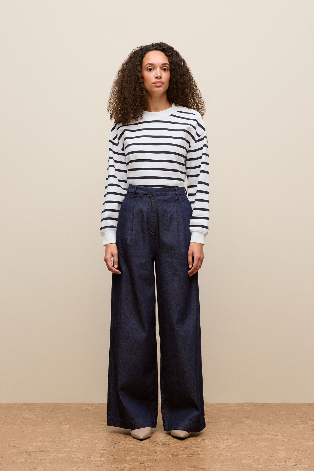Cotton Terry Stripe Button Detail Sweat