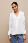Silk Twill Collarless V Neck Blouse
