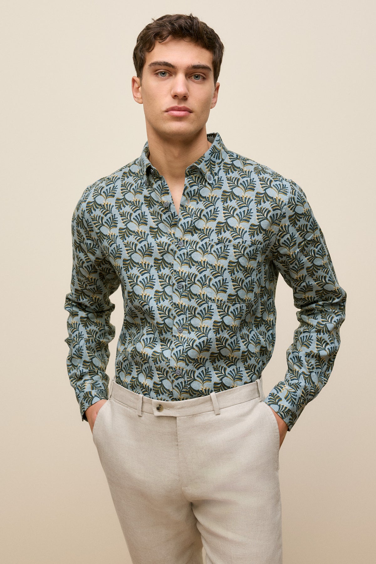 Regular Fit Linen Palm Frond Shirt