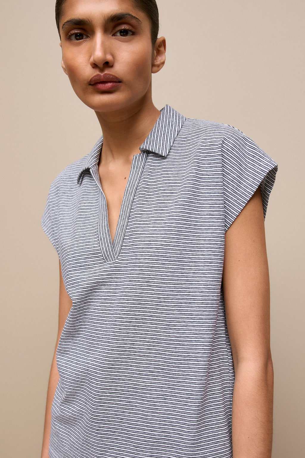 Cotton Linen Stripe Relaxed Cap Sleeve Polo