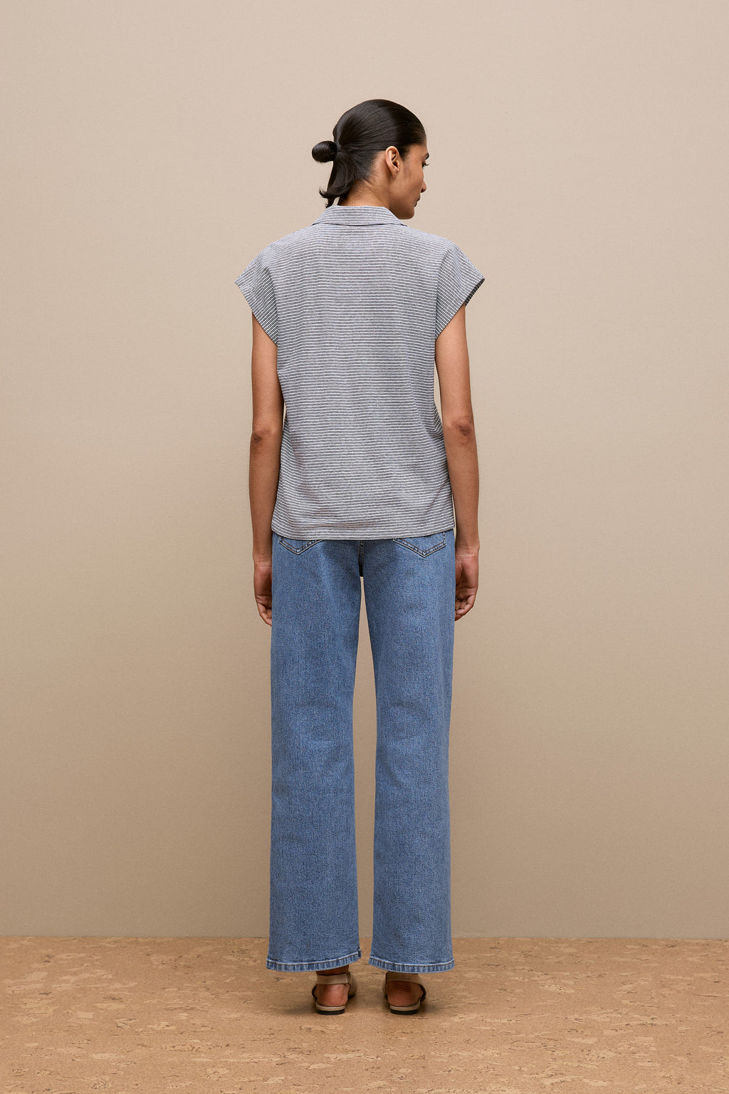 Cotton Linen Stripe Relaxed Cap Sleeve Polo