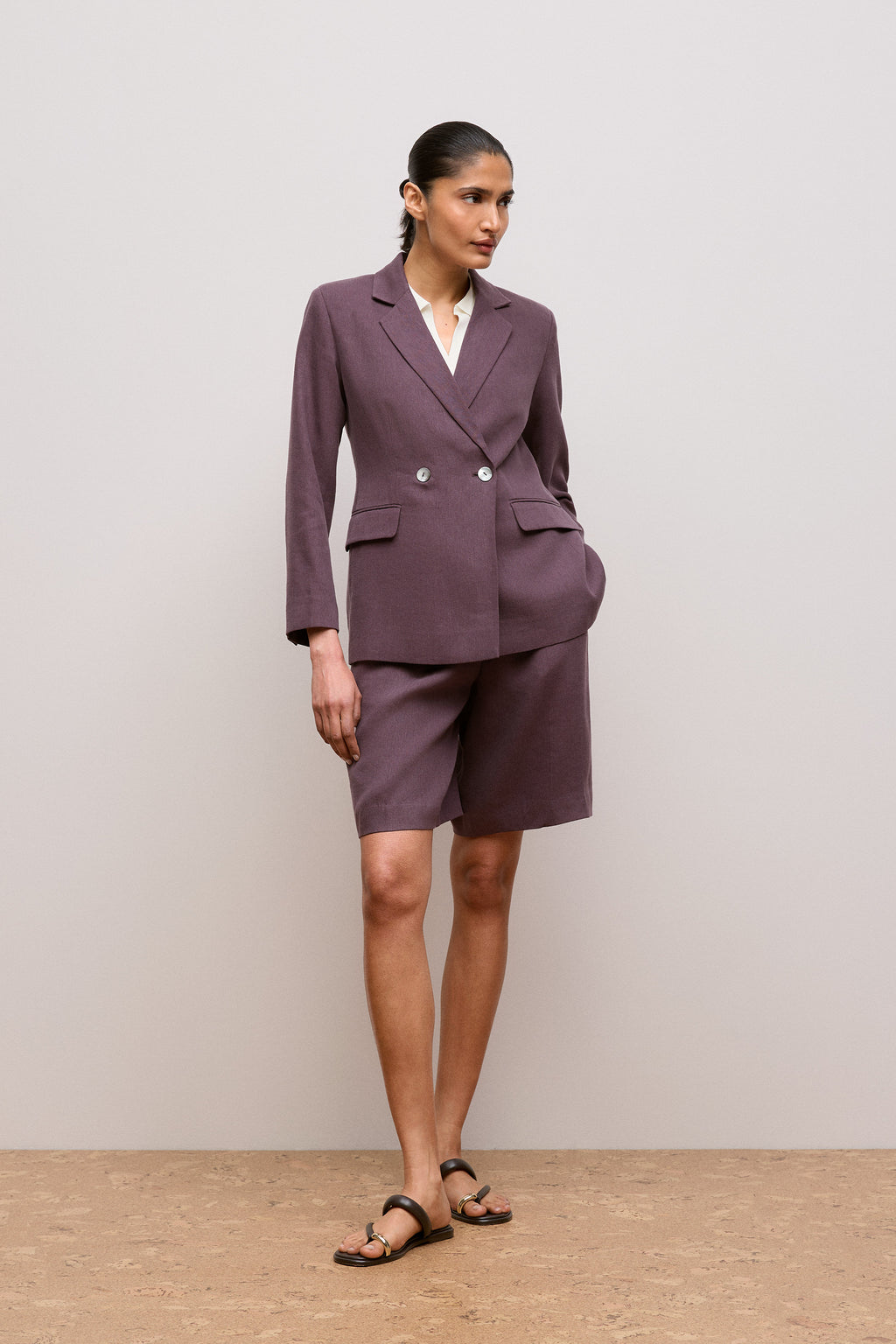 Linen Blend Twill Double Breasted Blazer