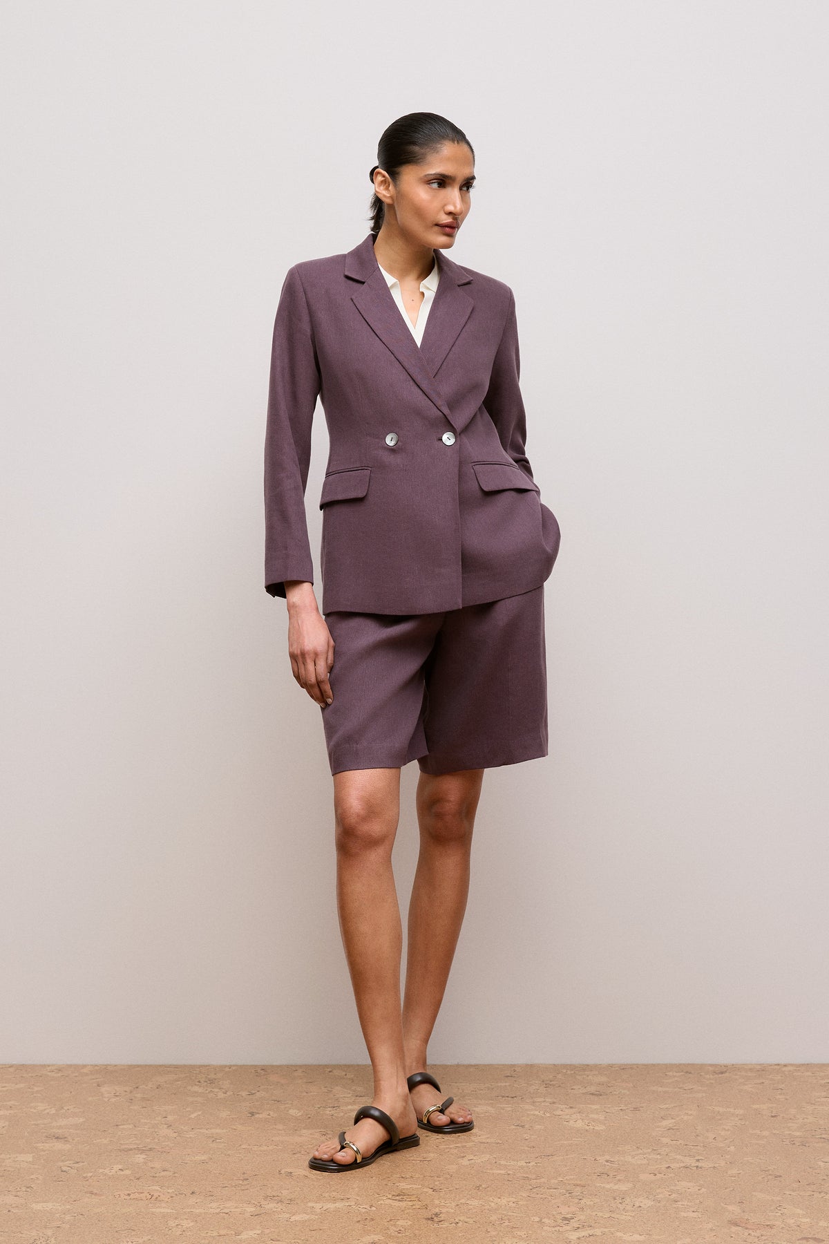 Linen Blend Twill Double Breasted Blazer