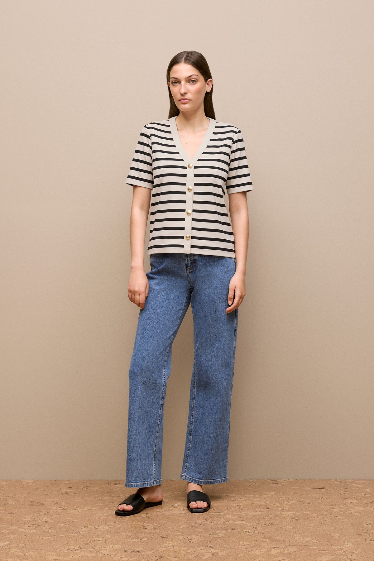 Stripe Rib Button Through Top