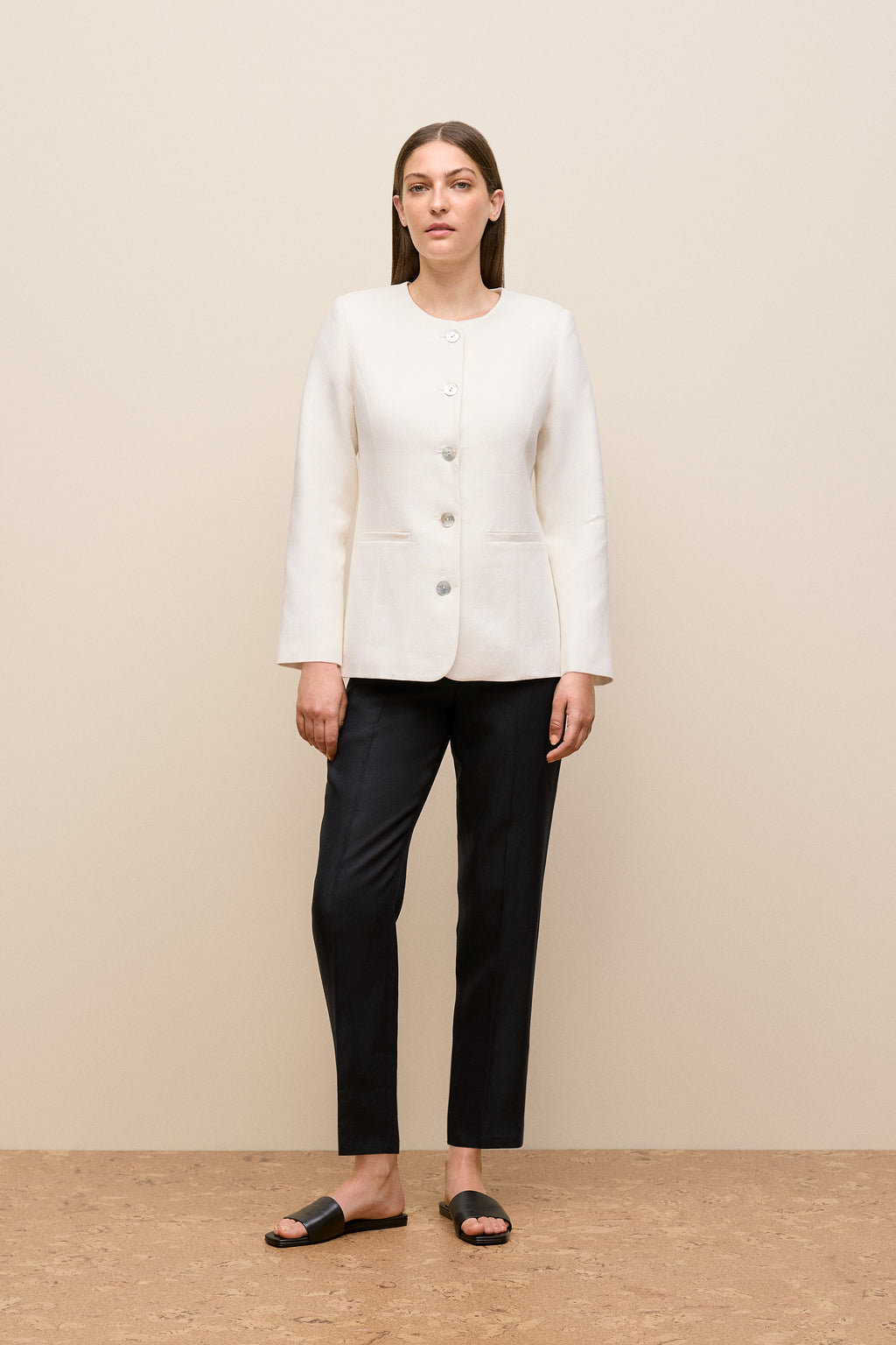 Basketweave Linen Collarless Jacket