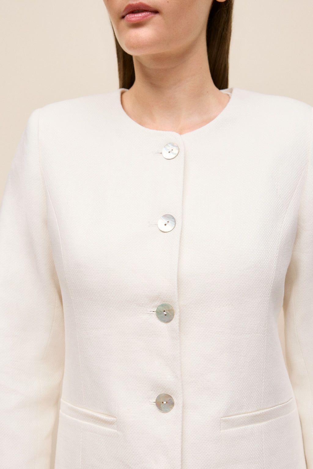 Basketweave Linen Collarless Jacket
