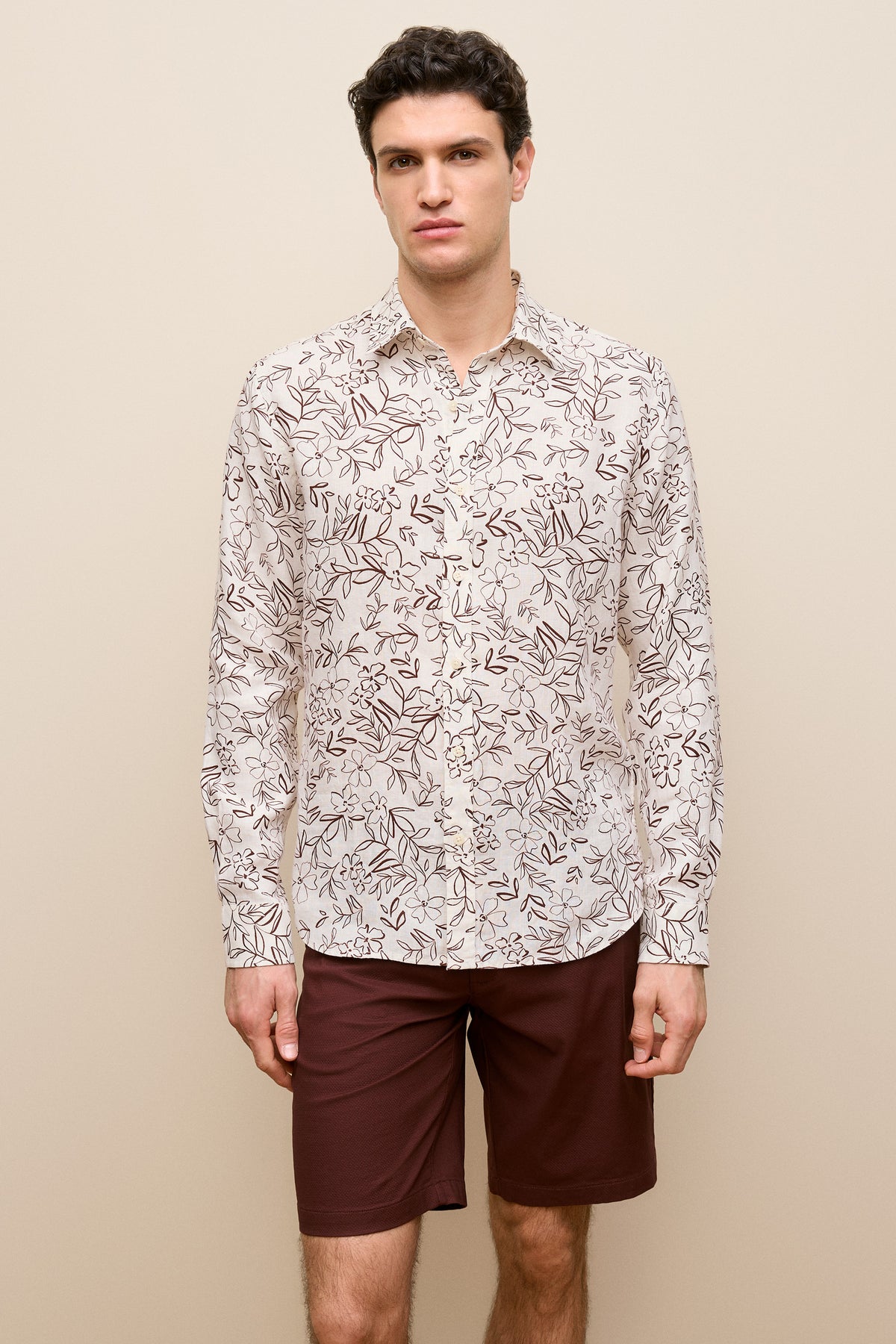Regular Fit Floral Linen Long Sleeve Shirt