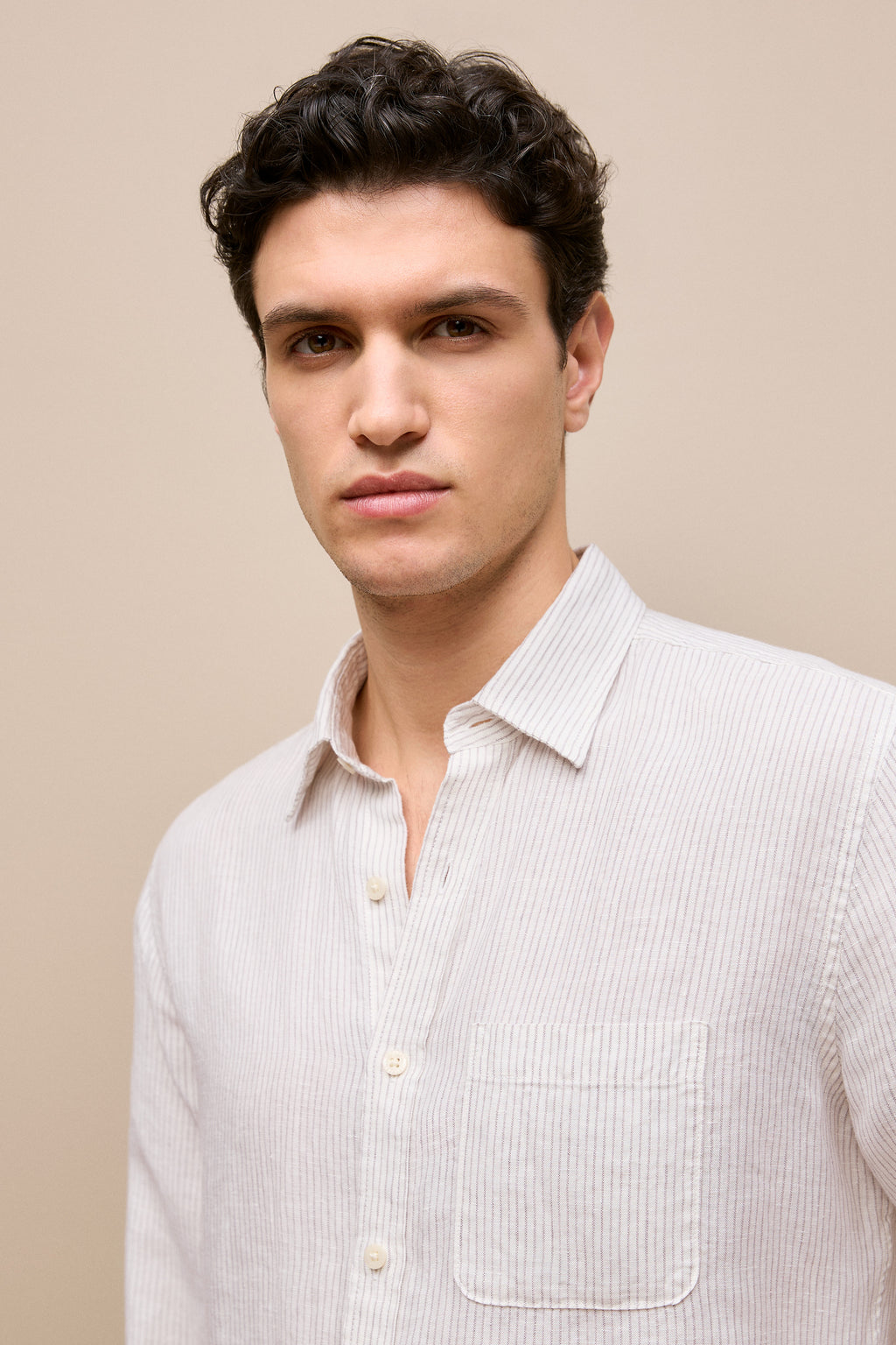 Regular Fit Fine Stripe Linen Long Sleeve Shirt