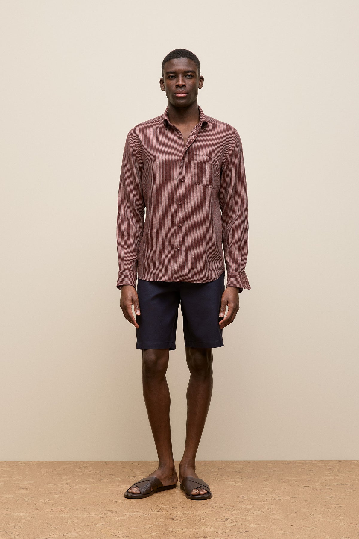 Regular Fit Fine Stripe Linen Long Sleeve Shirt