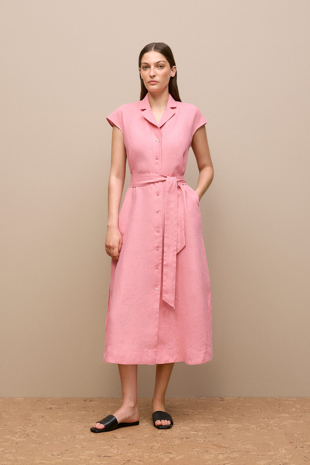 Linen Cap Sleeve Shirt Dress