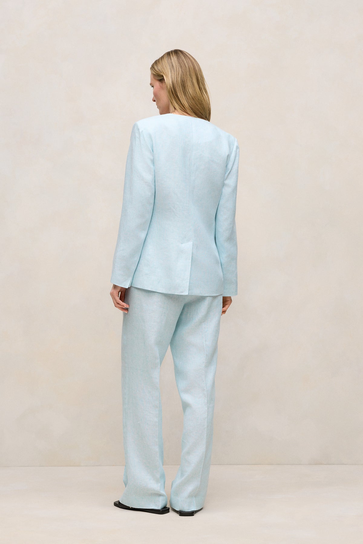 Linen Collarless V Neck Blazer