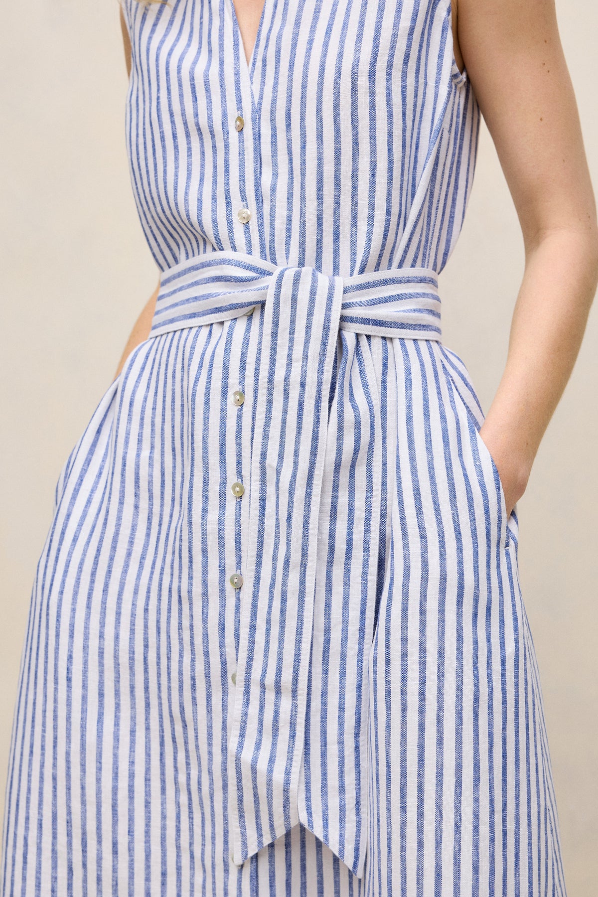 Yarn Dyed Linen Stripe Sleeveless Shirt Dress