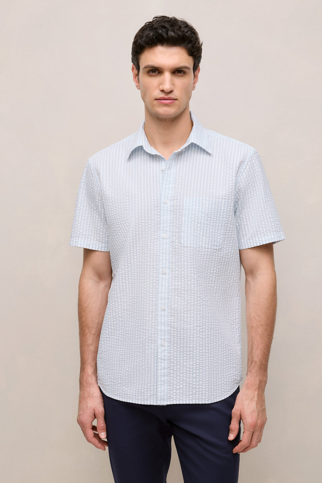Regular Fit Seersucker Stripe Pocket Shirt