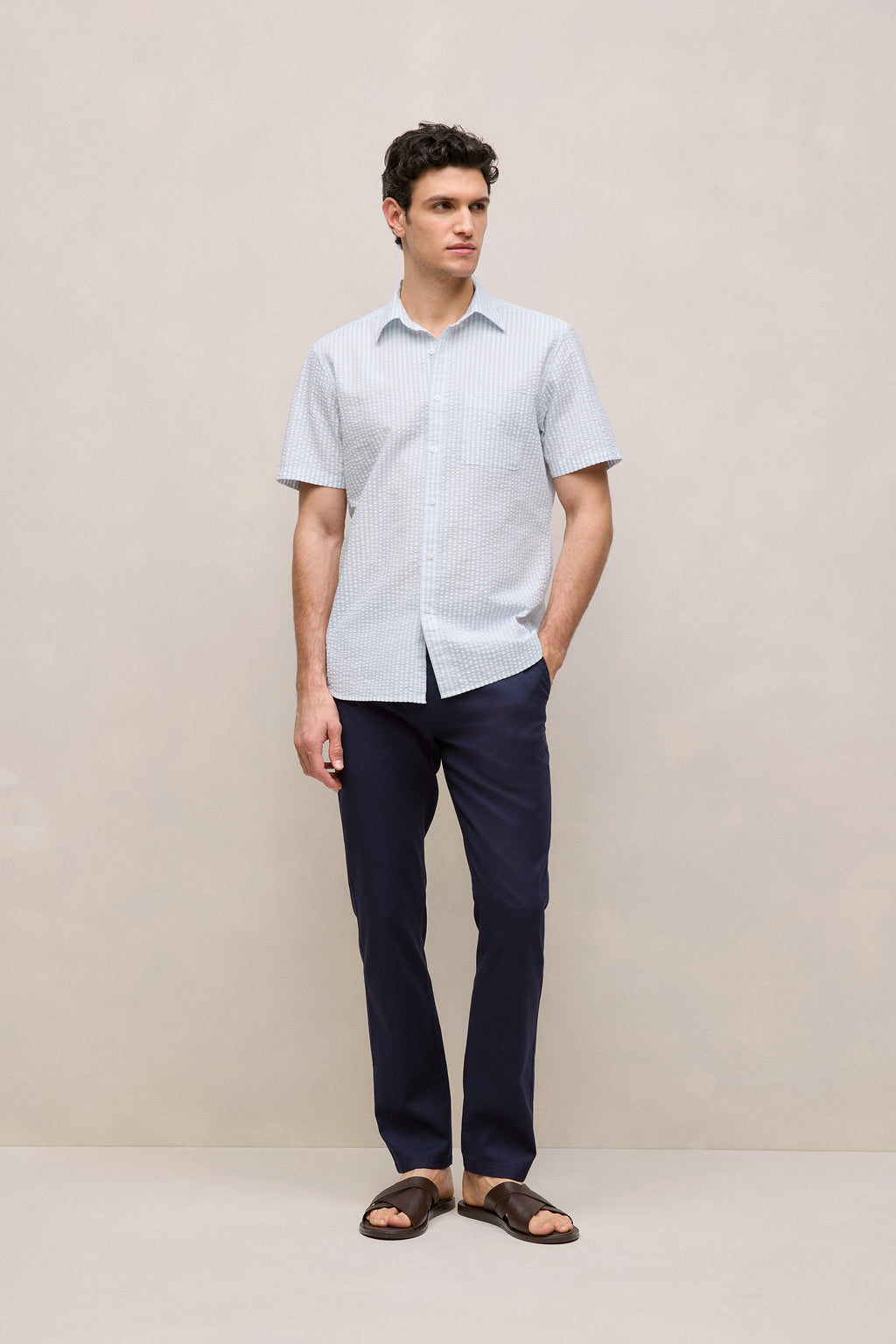 Regular Fit Seersucker Stripe Pocket Shirt