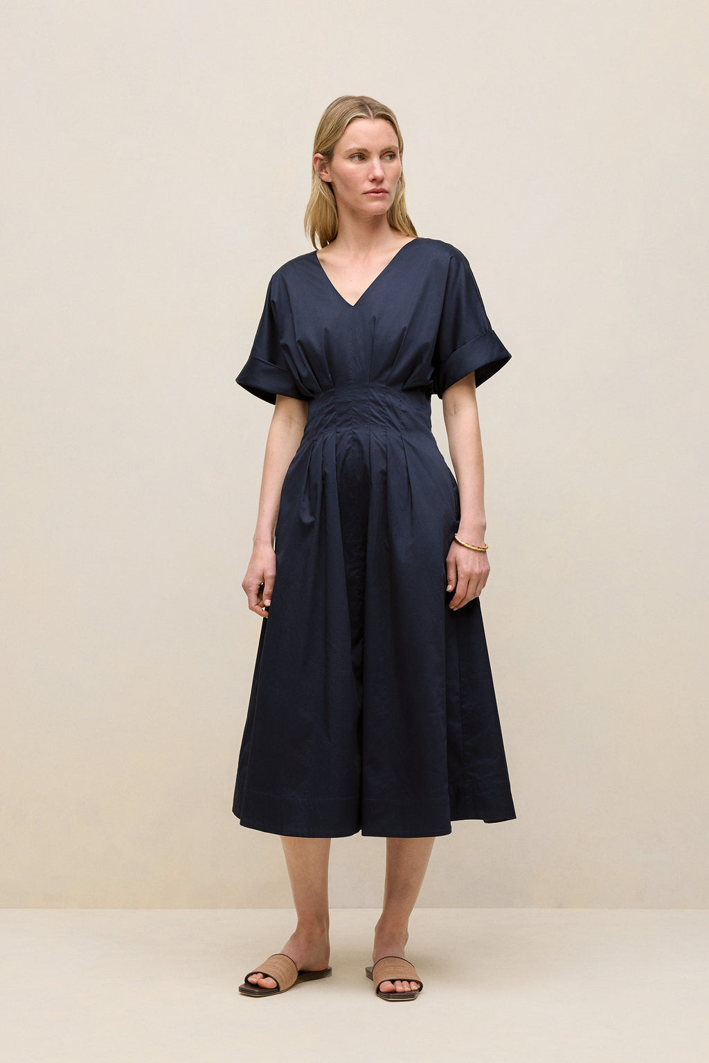 Cotton Sateen Pleat Waist Dress