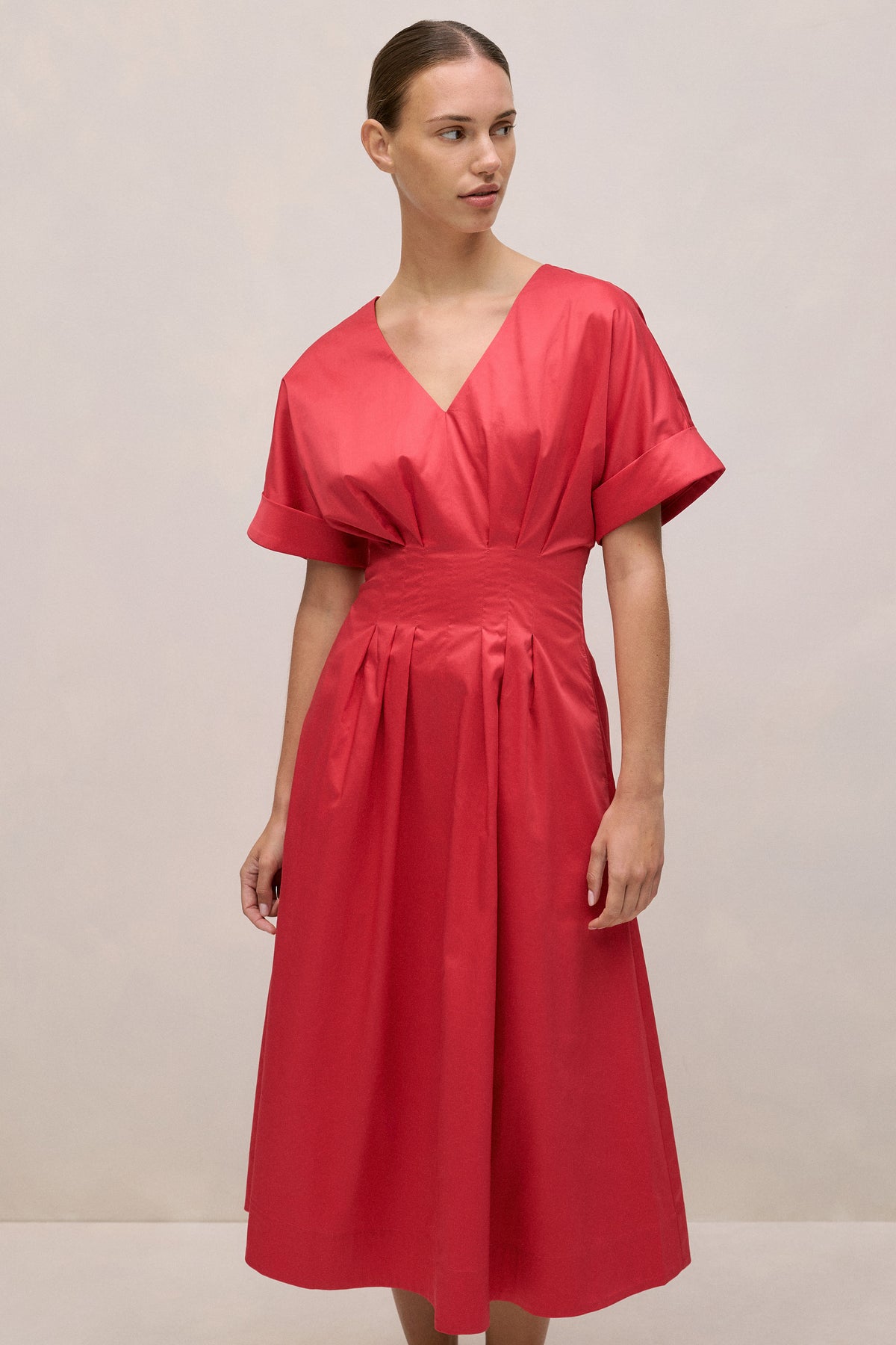 Cotton Sateen Pleat Waist Dress