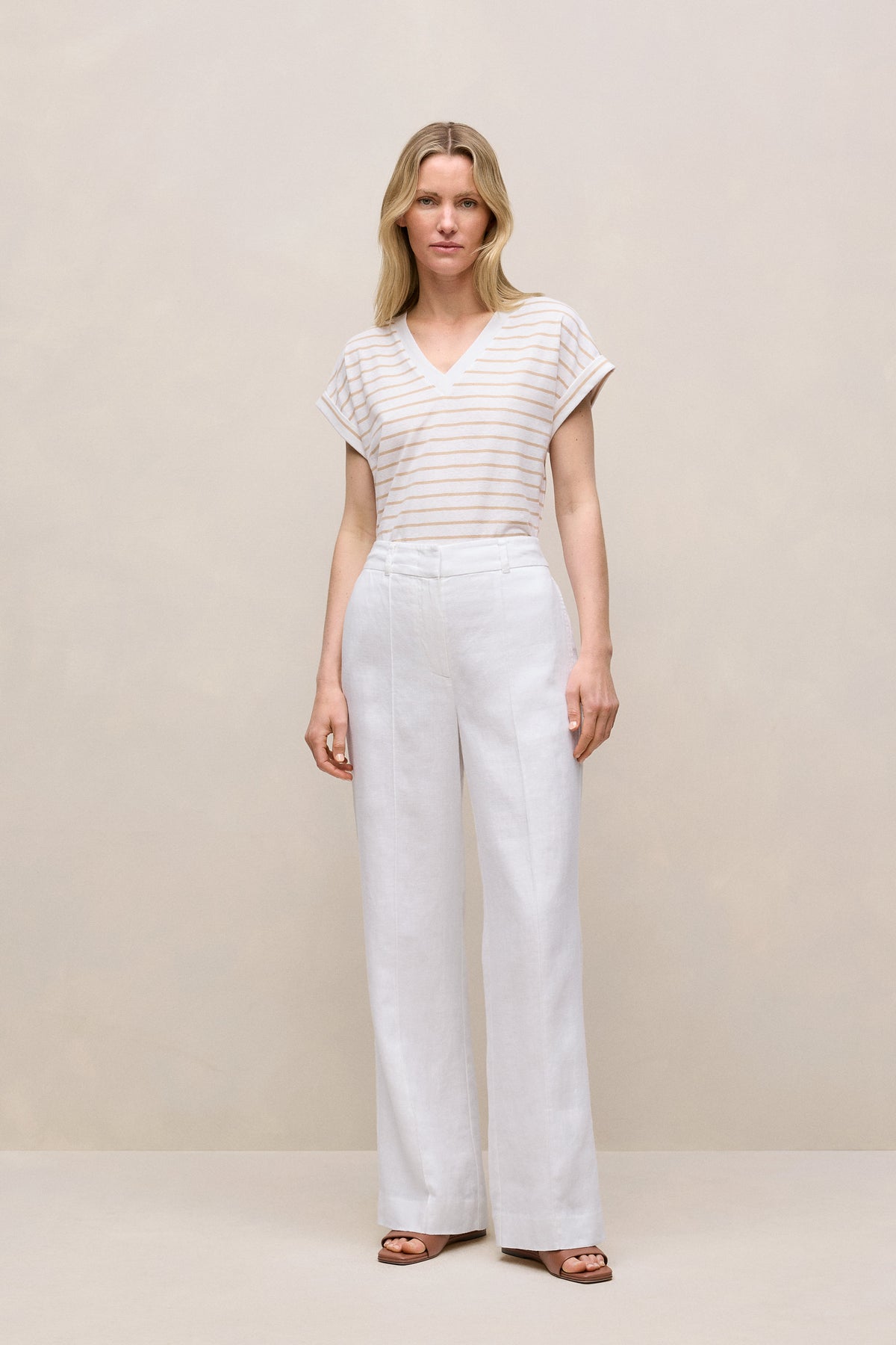 Linen Cotton Stripe V Neck T-Shirt