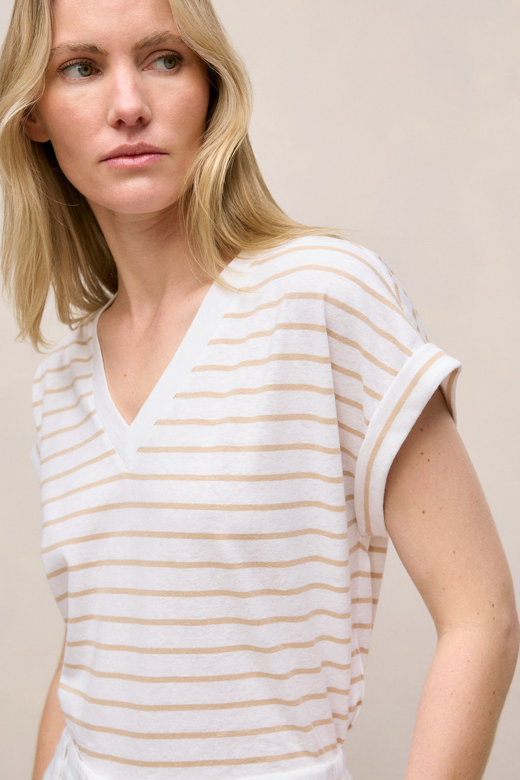 Linen Cotton Stripe V Neck T-Shirt