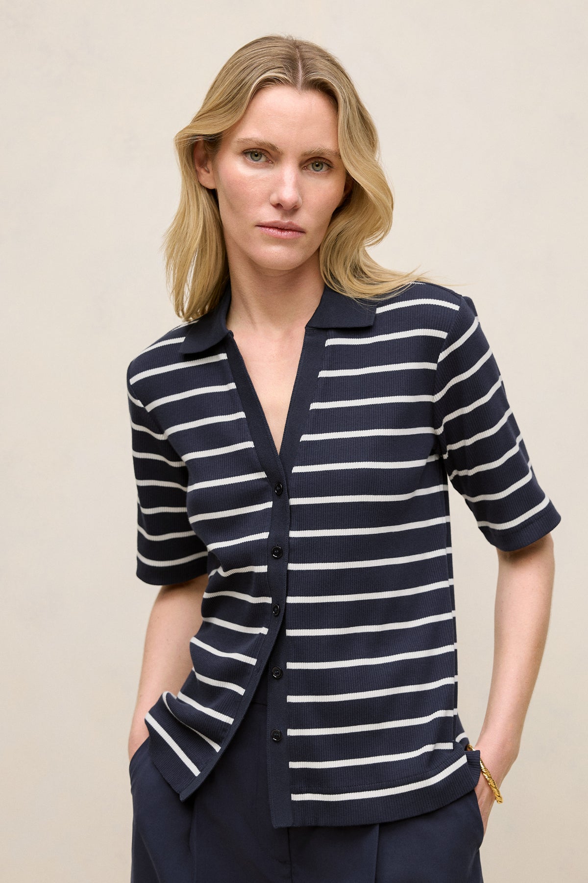 Stripe Rib Button Through T-Shirt