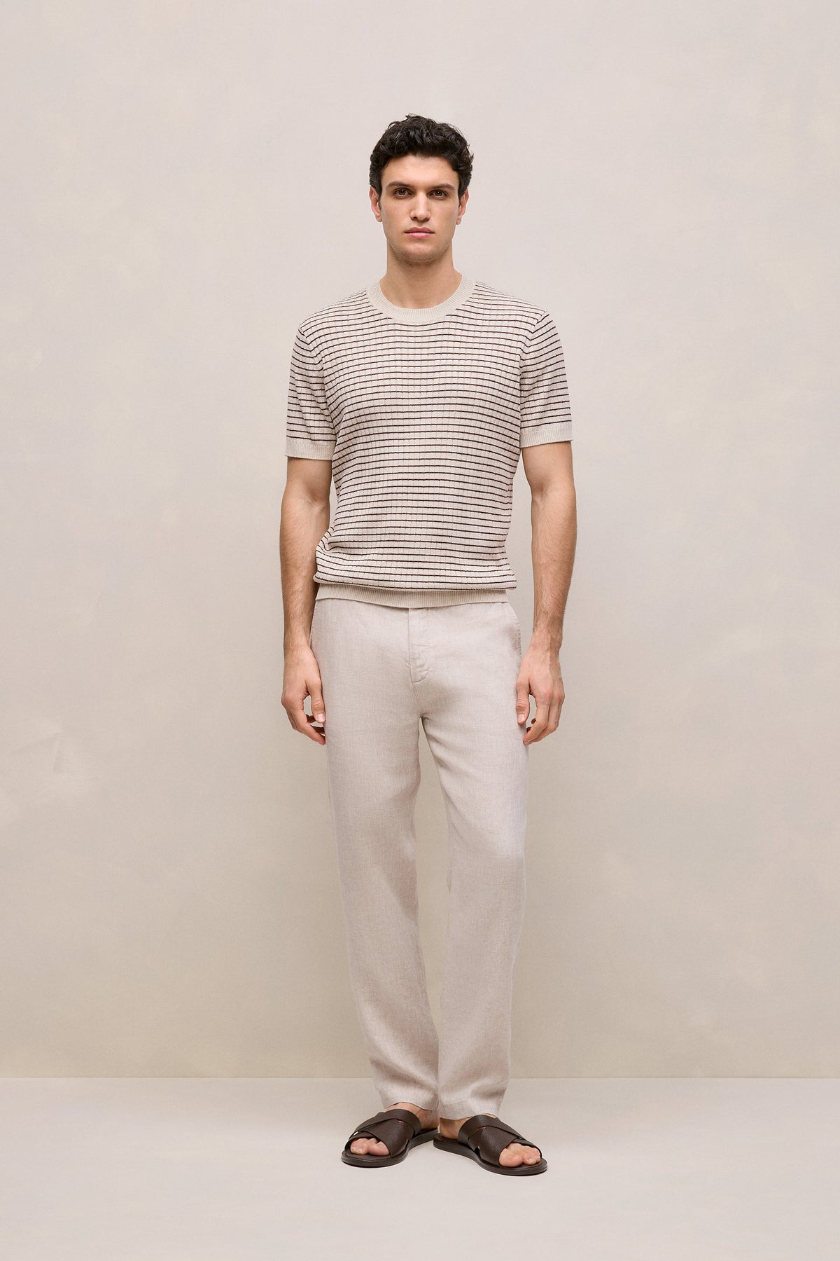 Linen Cotton Rib Stripe Knit T-Shirt