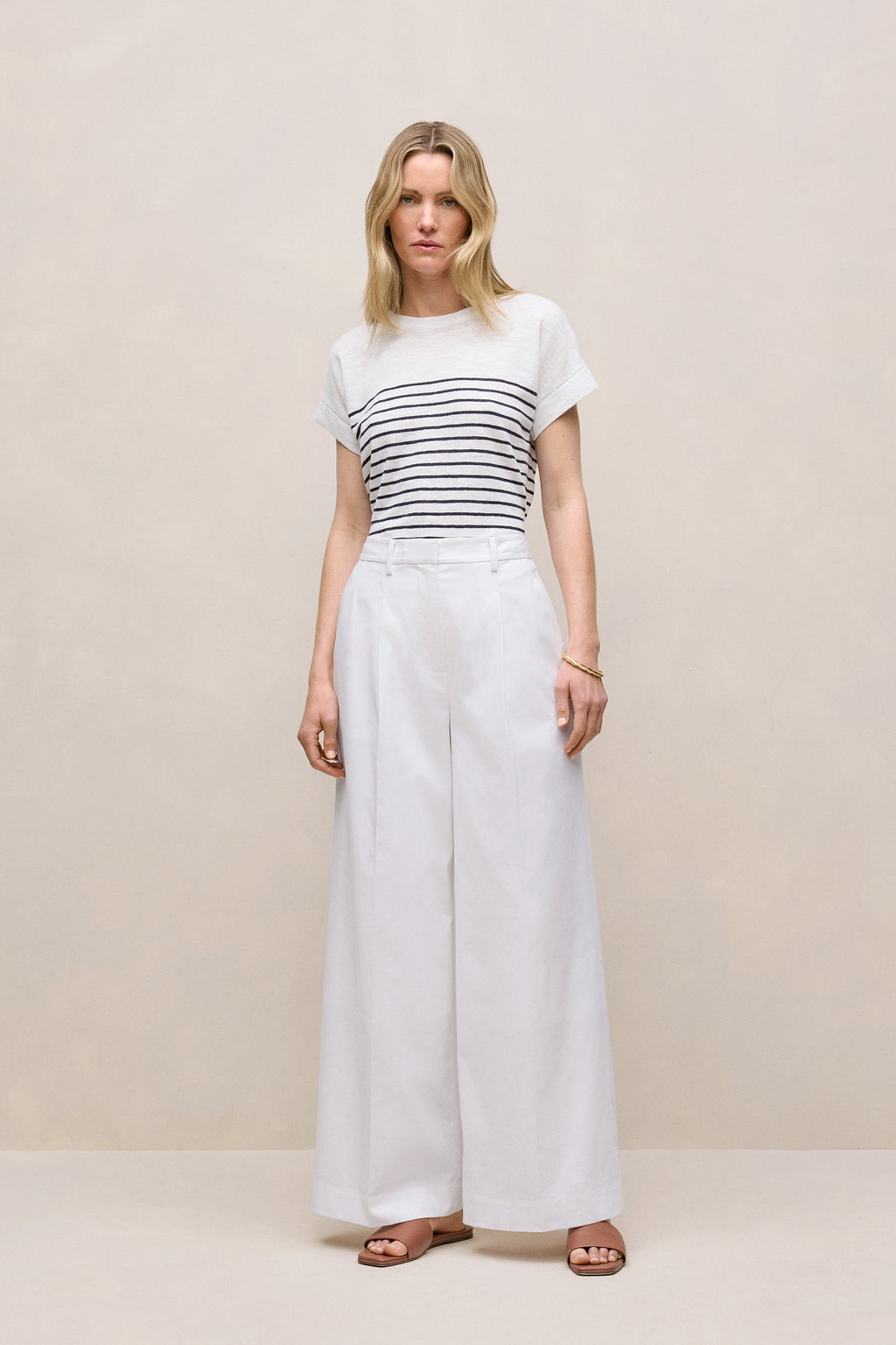 Linen Cotton Stripe Relaxed Crew T-Shirt