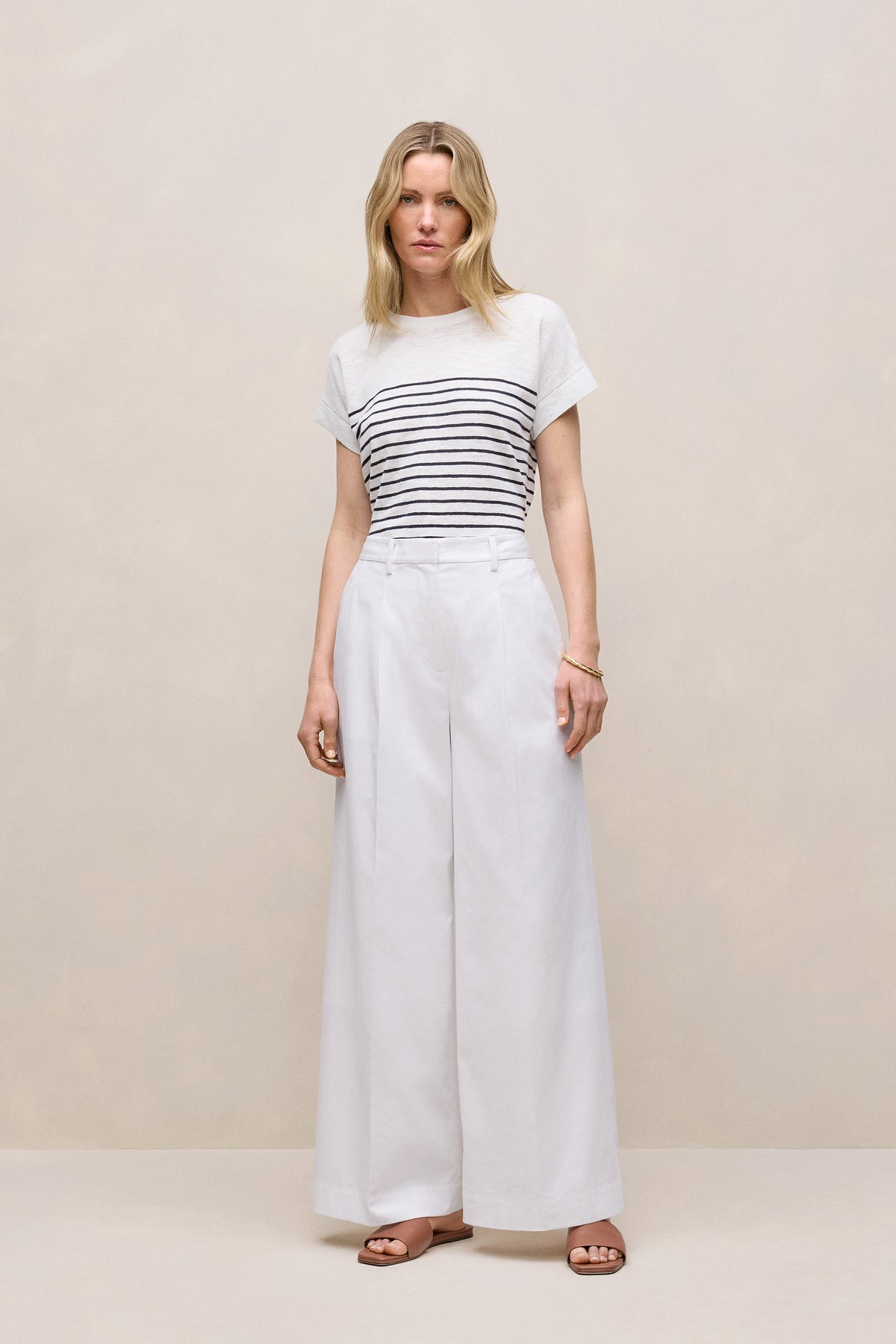 Linen Cotton Stripe Relaxed Crew T-Shirt