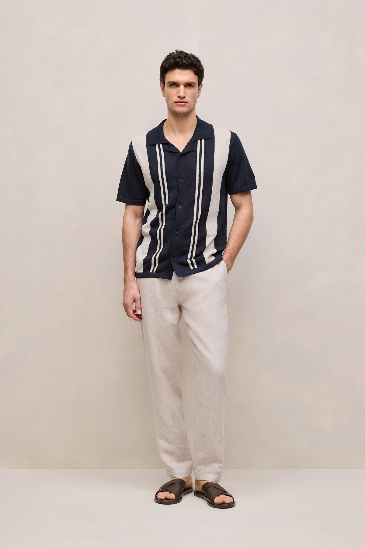 Linen Cotton Stripe Intarsia Knit Shirt