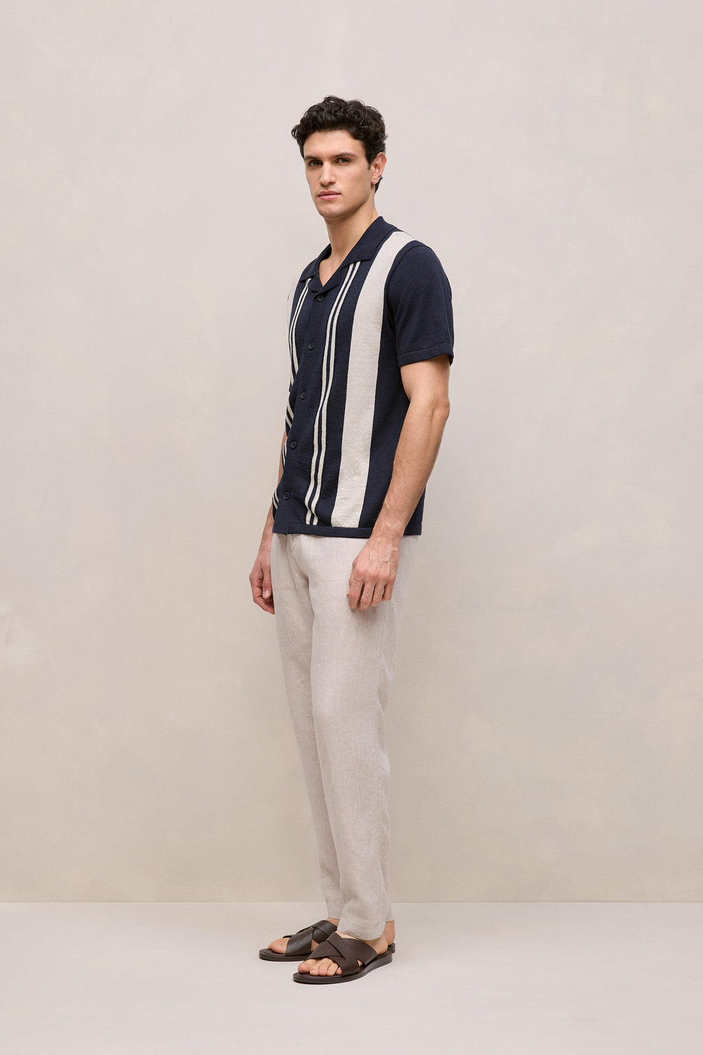 Linen Cotton Stripe Intarsia Knit Shirt
