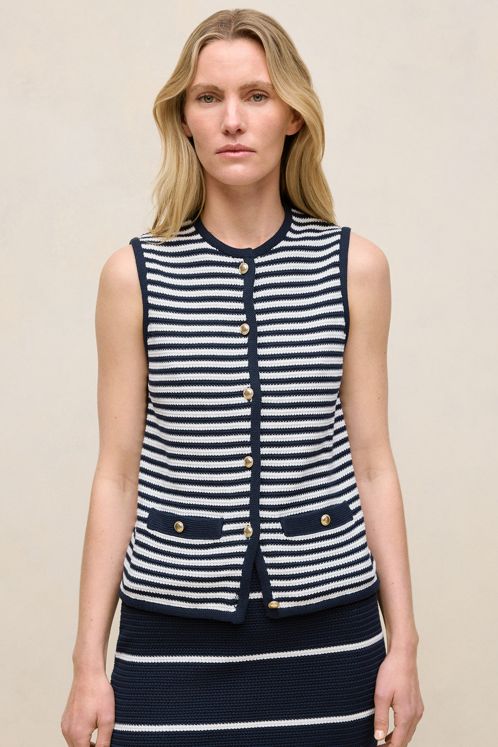 Mercerised Cotton Stripe Button Through Vest