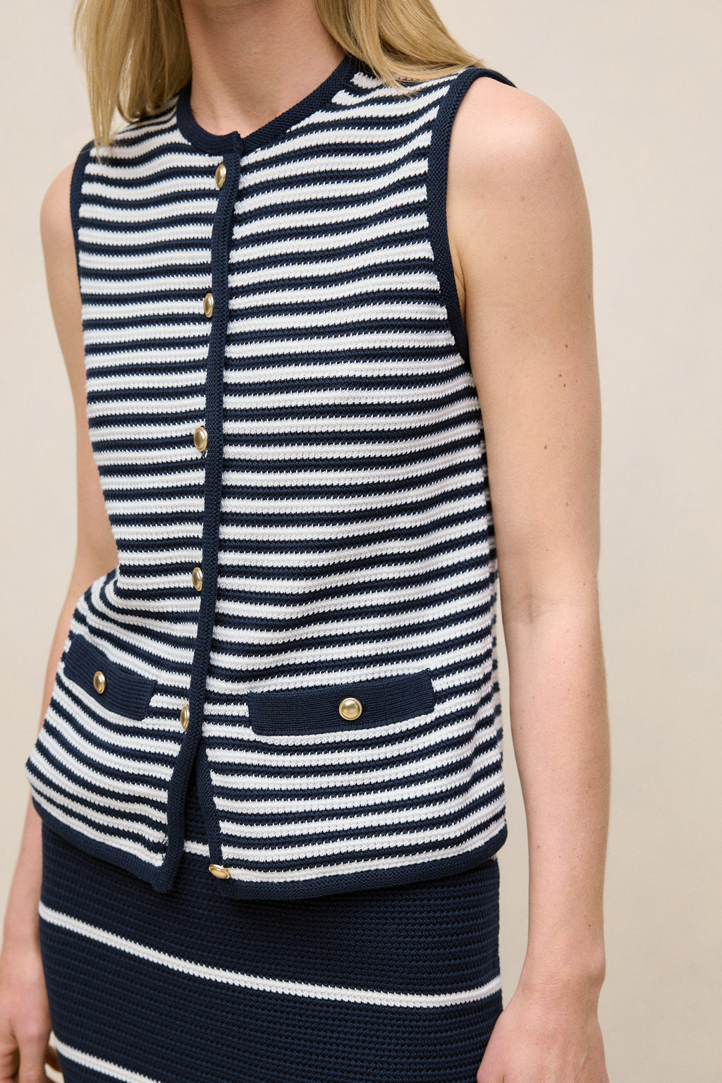 Mercerised Cotton Stripe Button Through Vest