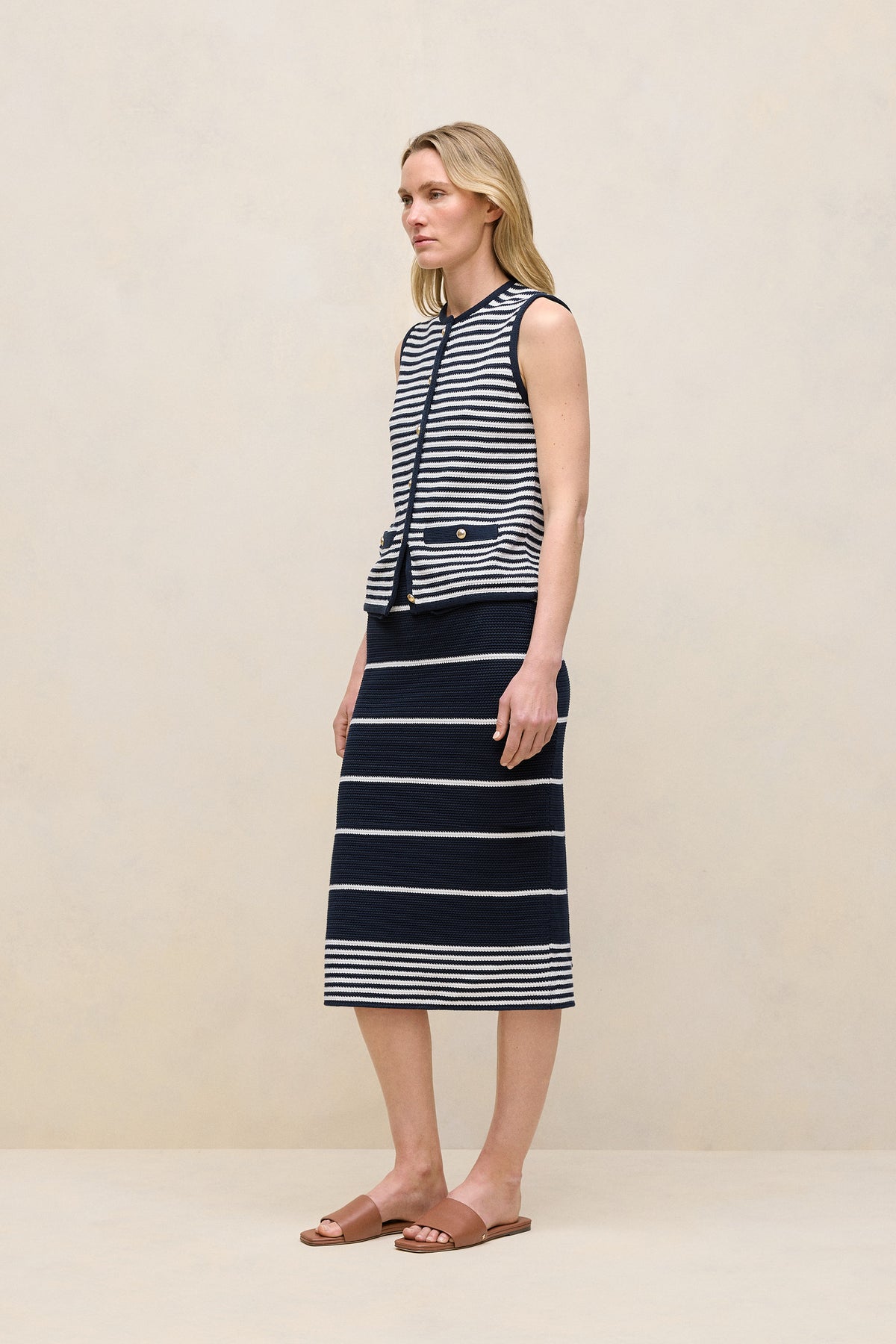 Mercerised Cotton Stripe Button Through Vest