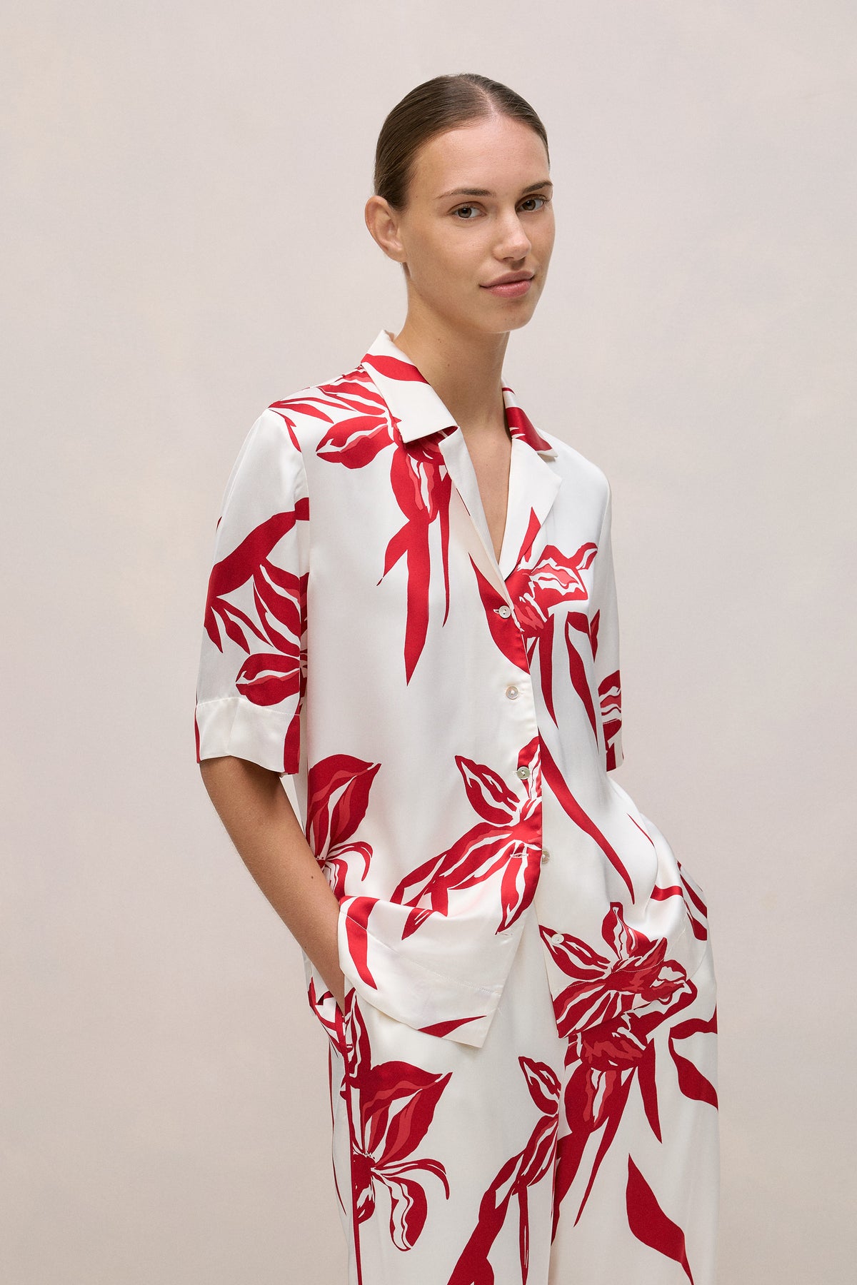 Wild Iris Satin Short Sleeve Shirt