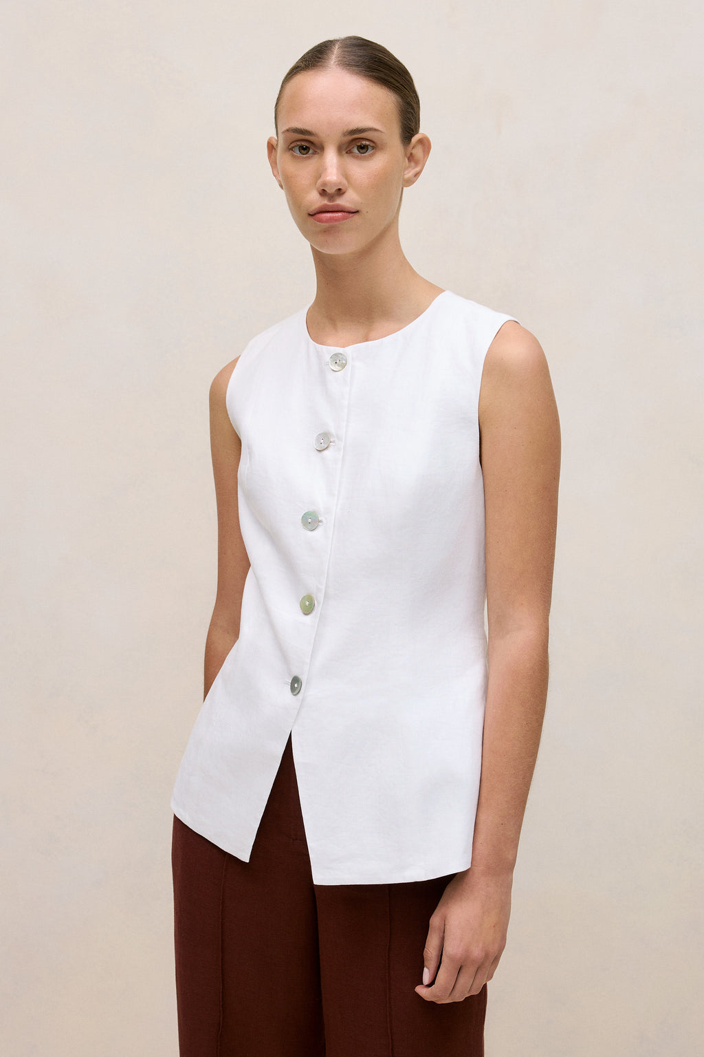 Linen Collarless Button Through Vest