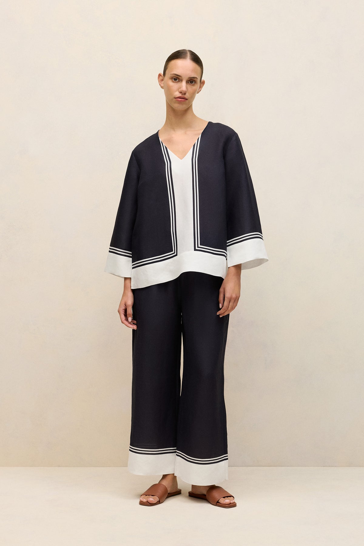 Linen Blend Border Print Popover Shirt