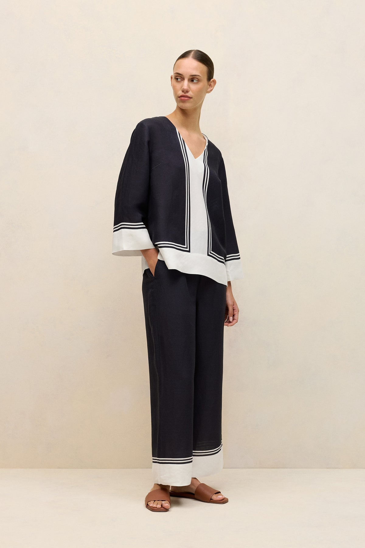 Linen Blend Border Print Popover Shirt