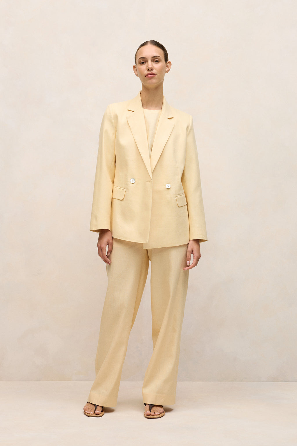 Linen Cotton Herringbone Tailored Wide Leg Pant