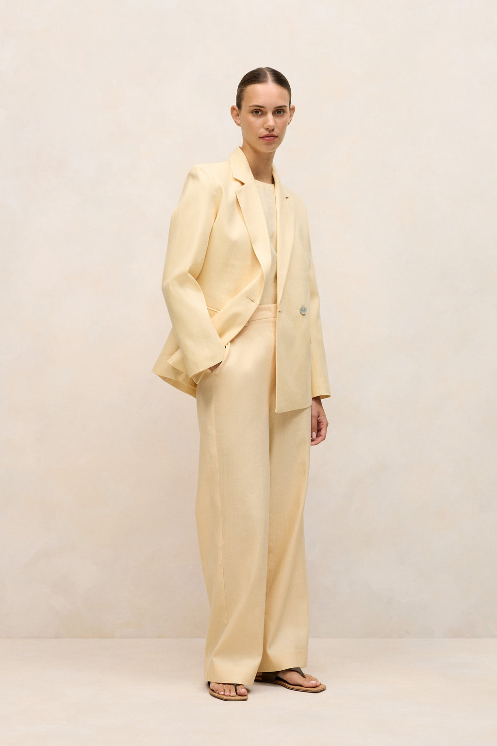 Linen Cotton Herringbone Tailored Wide Leg Pant