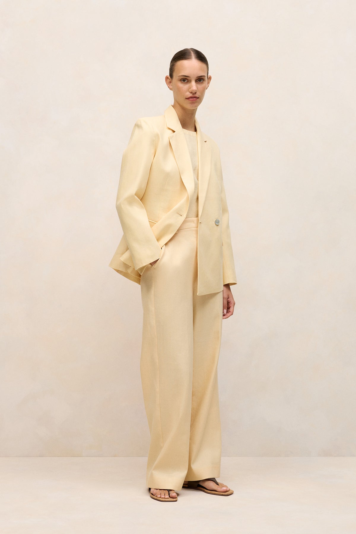 Linen Cotton Herringbone Tailored Wide Leg Pant