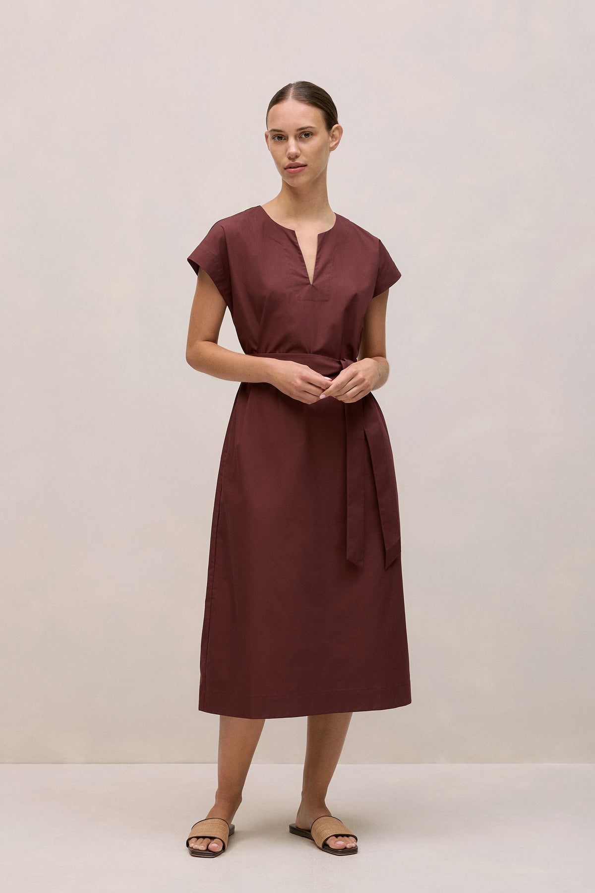 Cotton Poplin Cap Sleeve Belted Dress