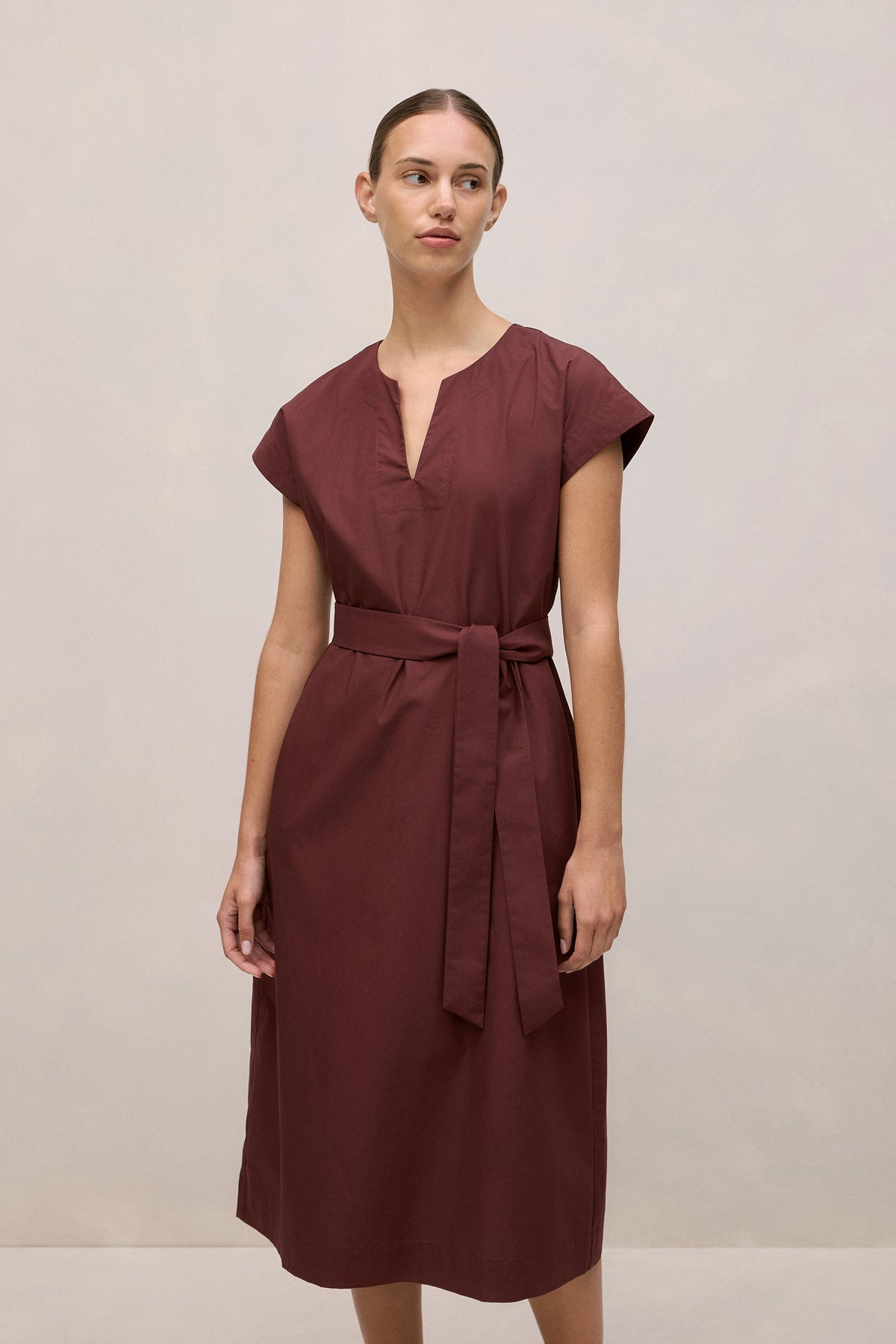Cotton Poplin Cap Sleeve Belted Dress