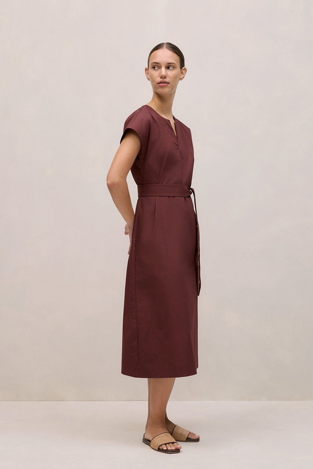 Cotton Poplin Cap Sleeve Belted Dress