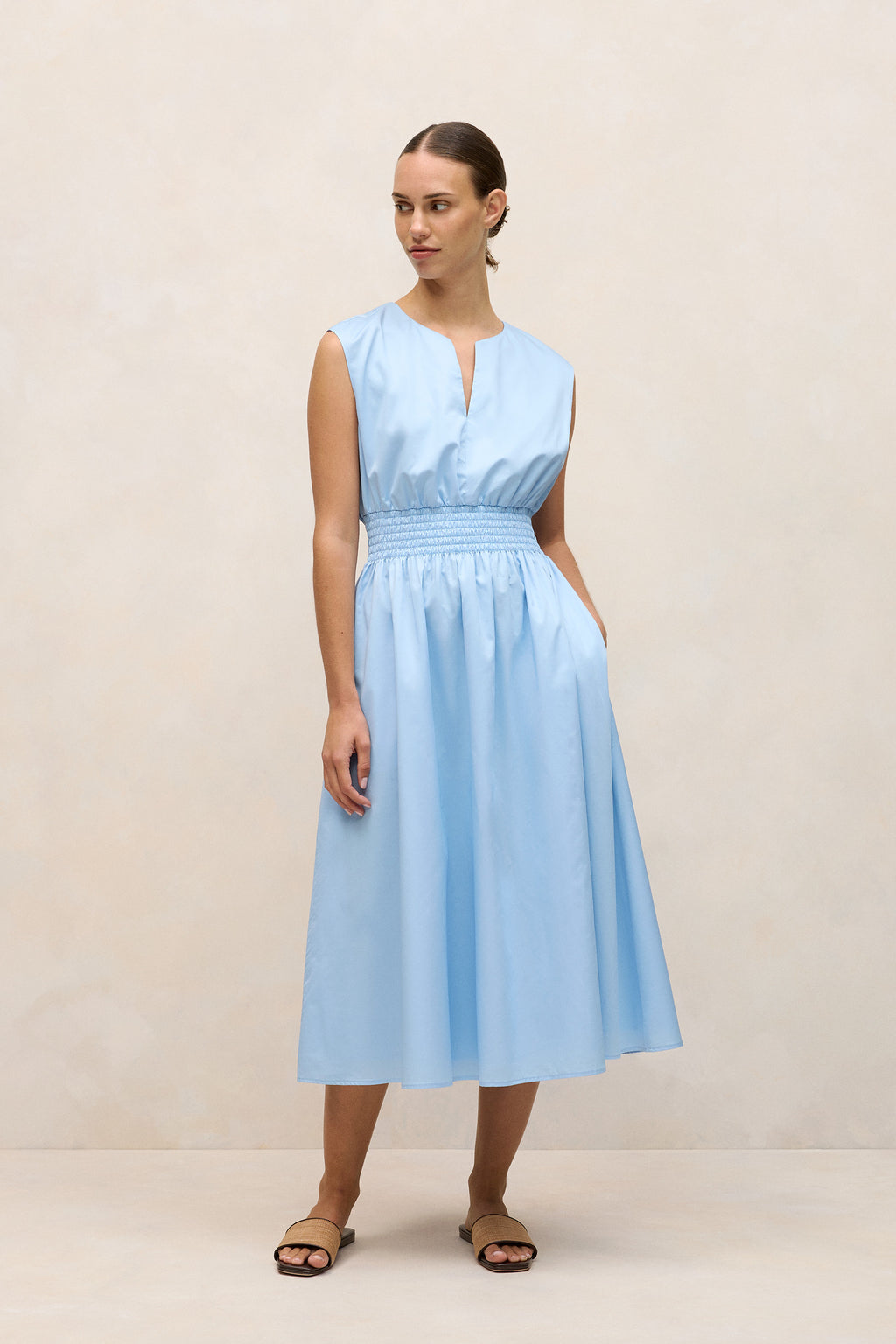 Cotton Sateen Shirred Waist Dress